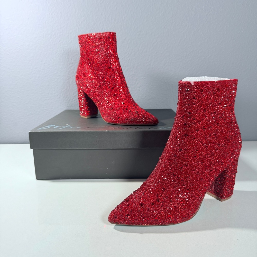 Betsey Johnson SB-Cady Red Rhinestone Glass Stone Block Heel Ankle Boots 5.5M